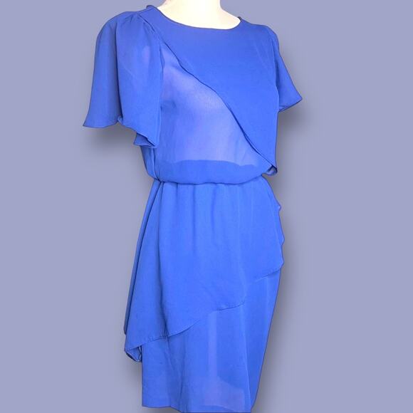 Vintage 70s Sheena Size XS Blue Sheer Chiffon Dress Ruffle Peplum Disco Career - Picture 3 of 12